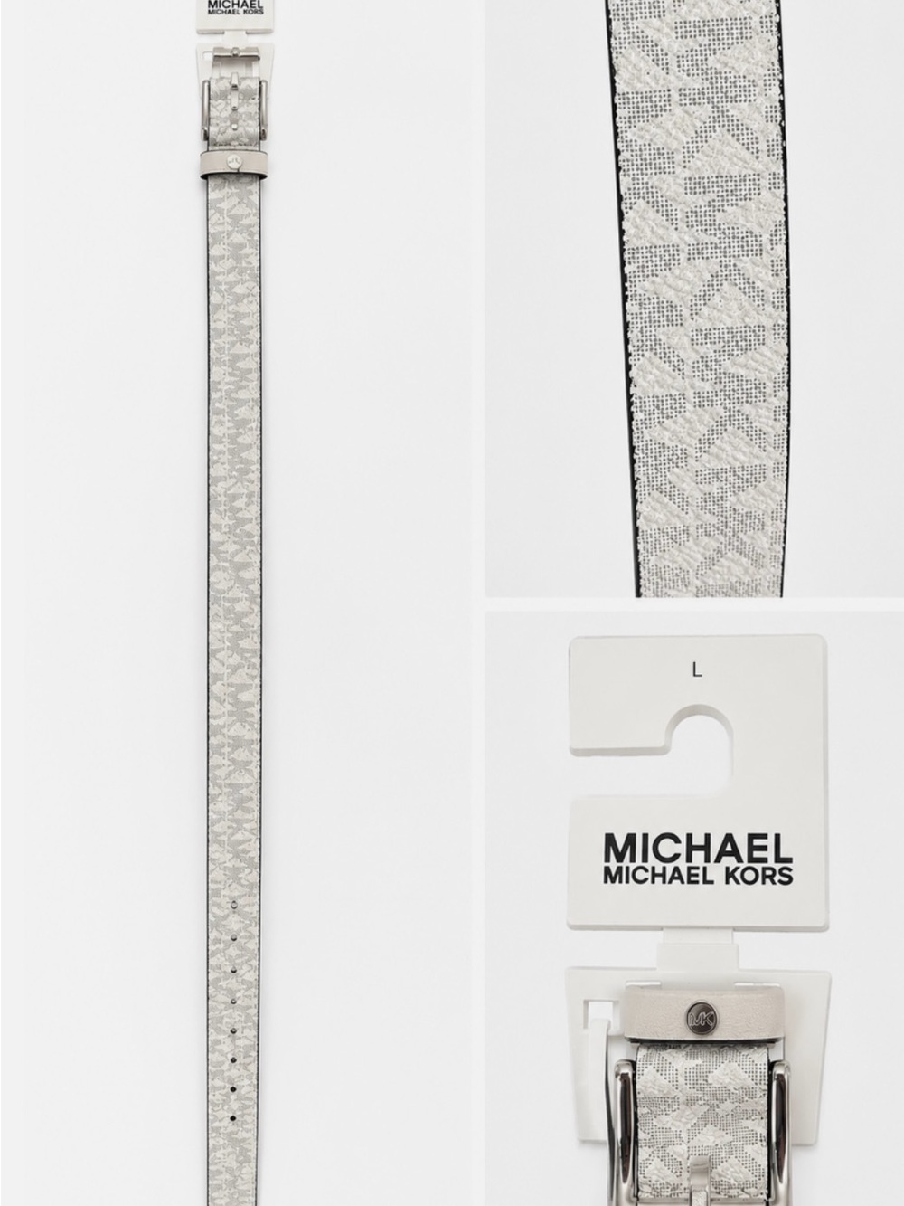 Michael Kors Womens Belt Size Large White Silver MK Thin Belt Skinny Casual